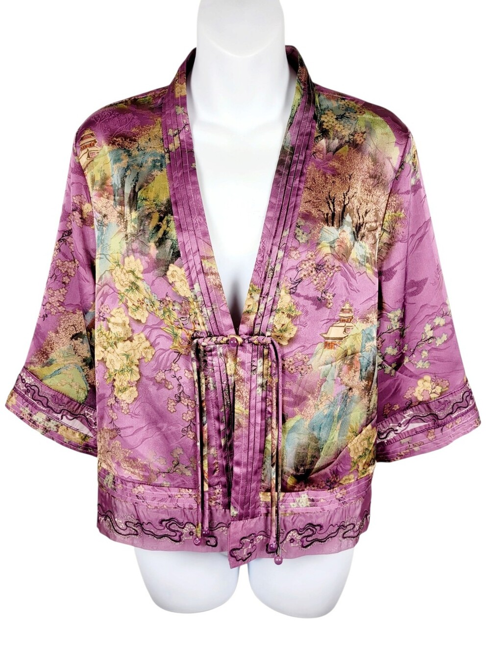 Y2K 98% Silk Purple Floral Pattern Top Blouse Size: M
